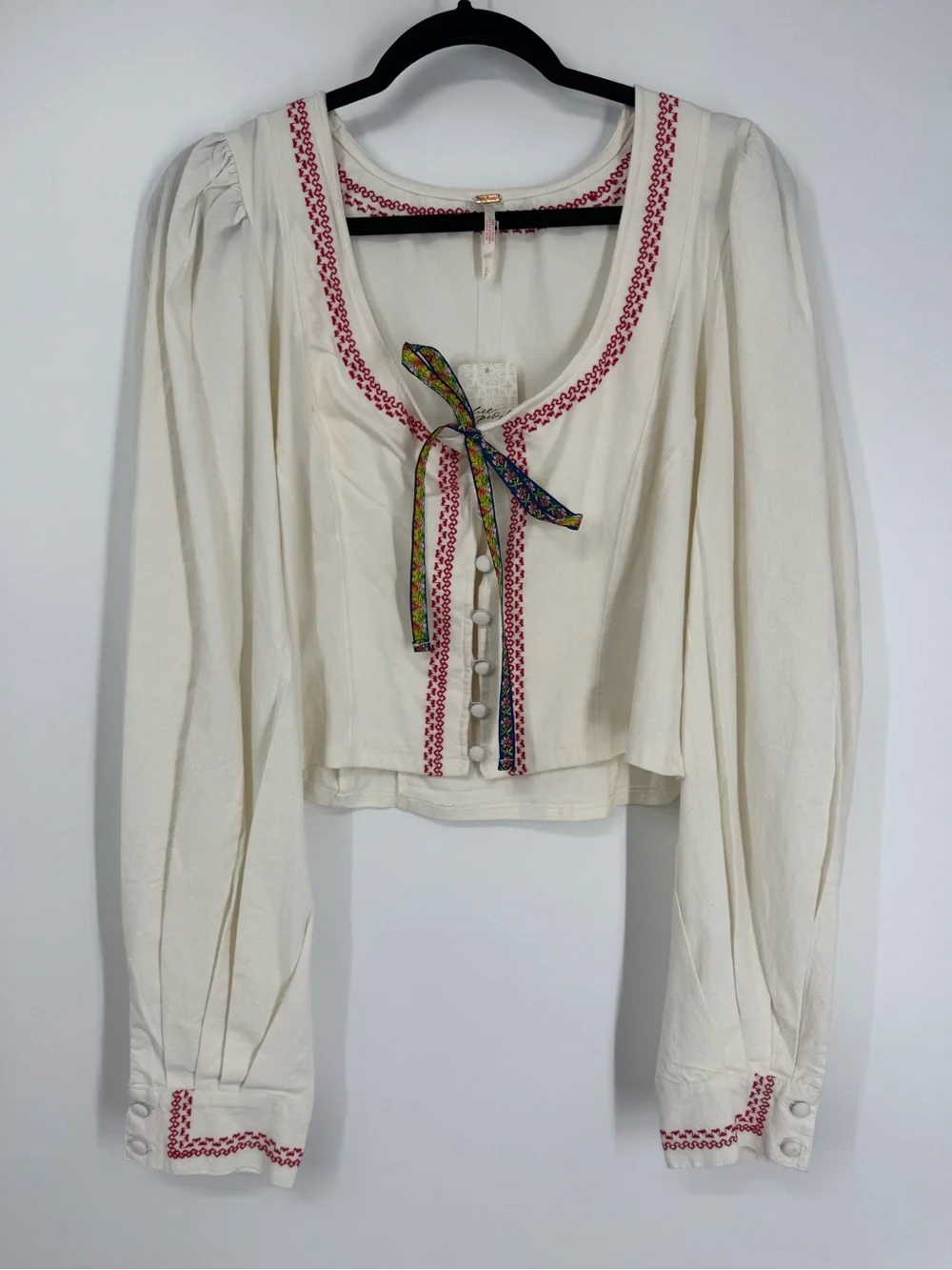 NWT Free People Mada Top Cream Peasant Boho Cropped Scoop Neck Blouse Size L